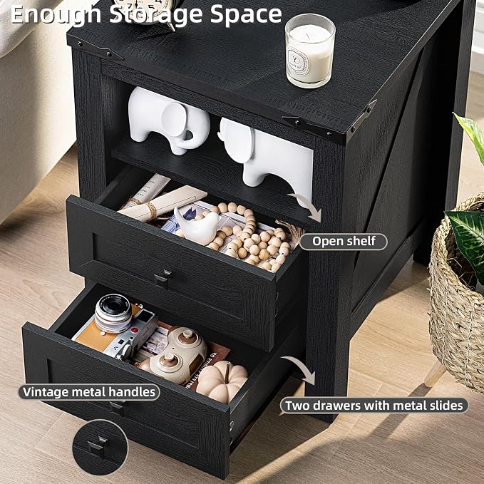 Night Stands with Charging Station Set of 2, Farmhouse Nightstand, Wooden - Image 5
