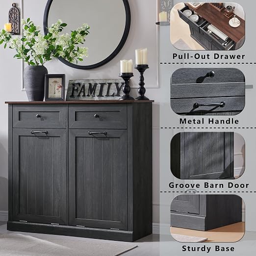 Double Tilt Out Trash Cabinet, 20 Gallon Farmhouse Laundry Hamper Cabinet - Image 3