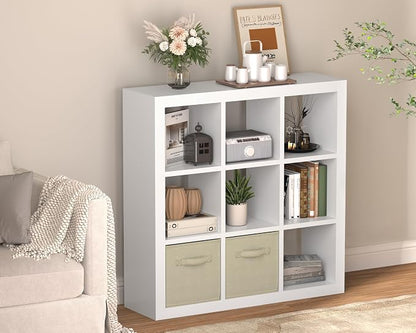Bookshelf with Storage Bins, 9-Cube Storage Organizer Sturdy Wooden Bookcase - Image 2