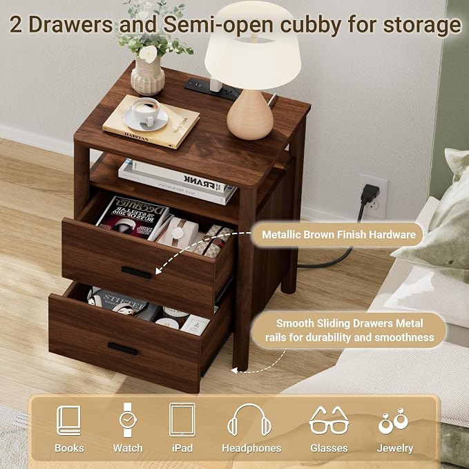 Night Stand Set of 2 with Charging Station, 2 Drawers End Table with Open Shelf - Image 6