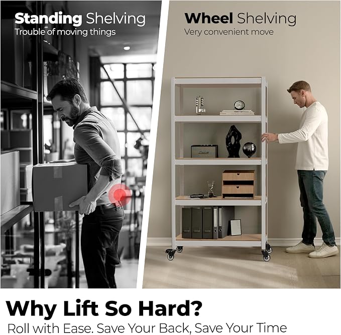 HOMEDANT House White 5-Tier Metal Boltless Rolling Cart Shelf Rack Casters - Image 3
