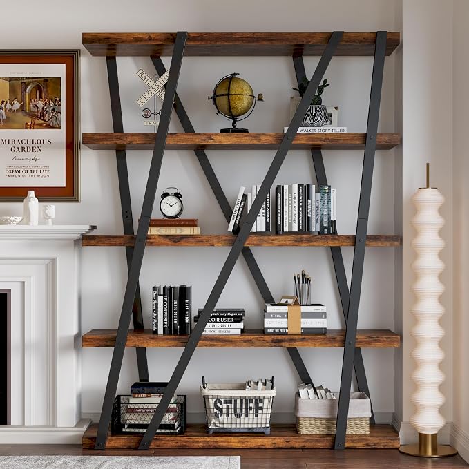 FUSUNBAO Unique 5-Tier Wooden and Metal Frame Bookshelf, Vintage Industrial - Image 7