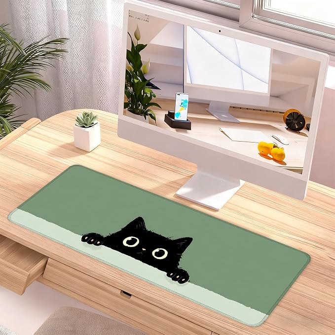 Cute Black Cat Large Mouse Pad – Extended Desk Mat 31.5 x 11.8 in– Kawaii Kitty - Image 2