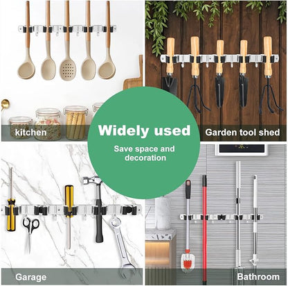3 Pack Broom Holder Wall Mount 5 Racks 4 Hooks Stainless Steel Broom Mop Holder - Image 2