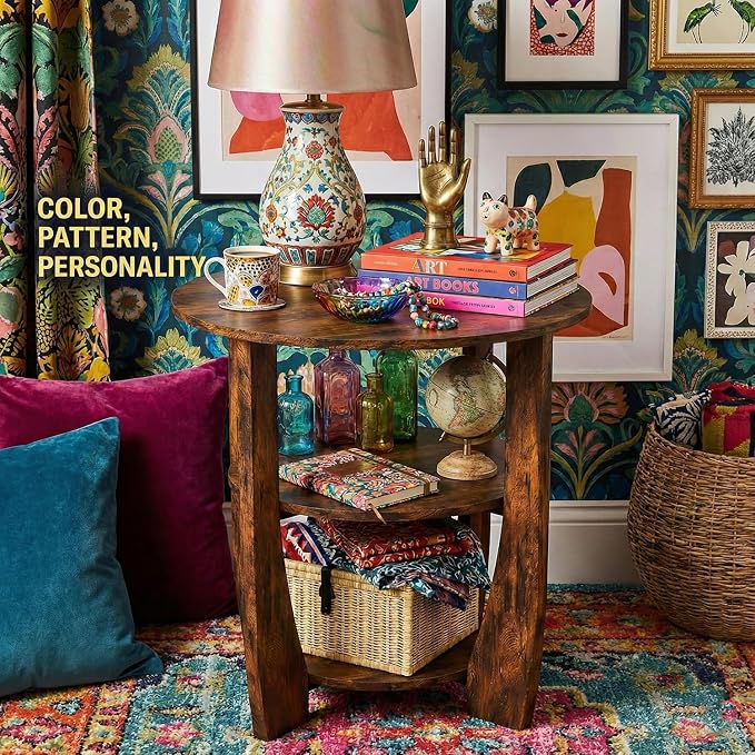 Rustic Brown Round Side Table, 3-Tier End Table - Image 5