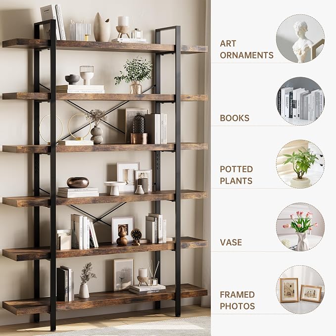 Bookshelf Set of 2, Heavy Duty 6-Tier Industrial Bookcase, 120lbs Shelf Capacity - Image 3