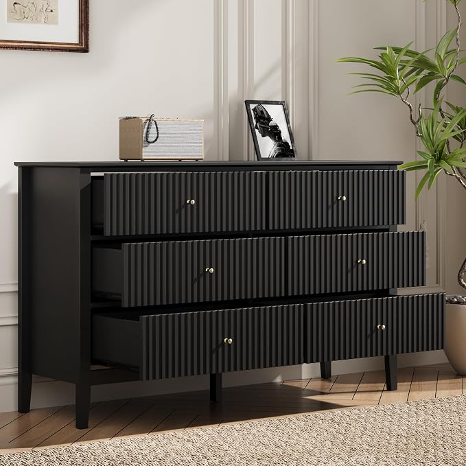 RoyalCraft Black 6 Drawer Dresser, Fluted Modern Wood Dresser, Double Chest of - Image 9