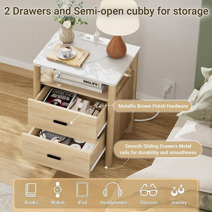 Night Stand Set of 2 with Charging Station, 2 Drawers End Table with Solid - Image 5