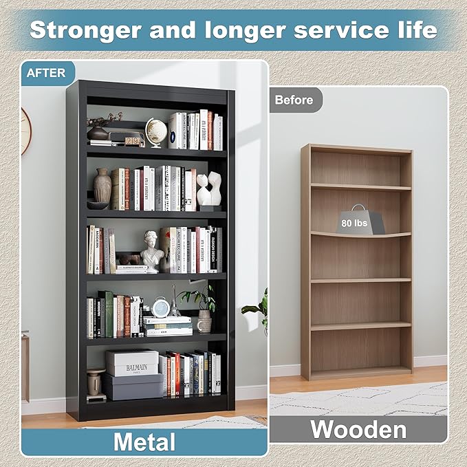 Bookcase, 5-Shelf Industrial Bookshelf, Large Storage Space, Adjustable - Image 6