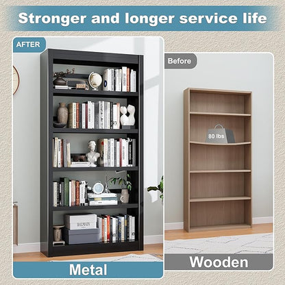 Bookcase, 5-Shelf Industrial Bookshelf, Large Storage Space, Adjustable - Image 6