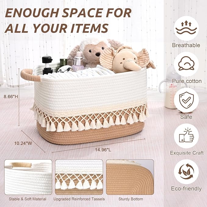 3 Pack Storage Basket for Shelves, Boho Cotton Rope Storage Bins - Image 3