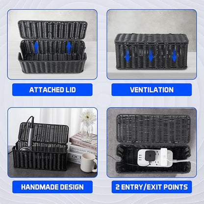 Cable Management Box, Handmade Rattan Cable Organizer, 2 Open Slots Cords Hider - Image 5