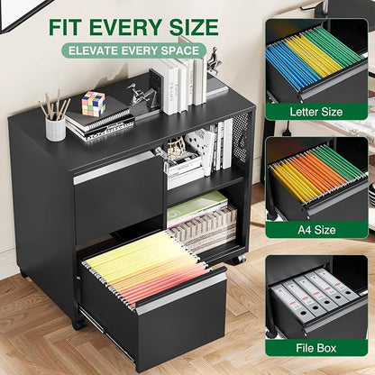 Mobile Lateral File Cabinet, 2 Drawer Filing Cabinet - Image 4