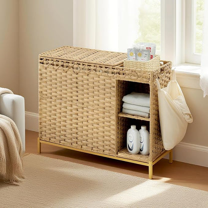 Laundry Hamper with Lid, 130L Rattan Laundry Hamper 3 Section with 50L Storage - Image 9