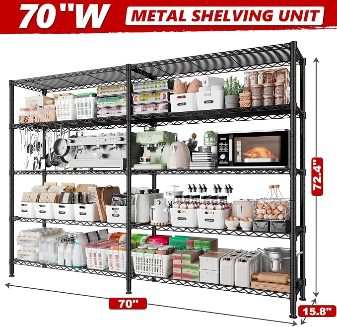 REIBII 70" W Storage Shelves Load 1600LBS, Metal Shelving 5-Tier Wire Shelving - Image 3
