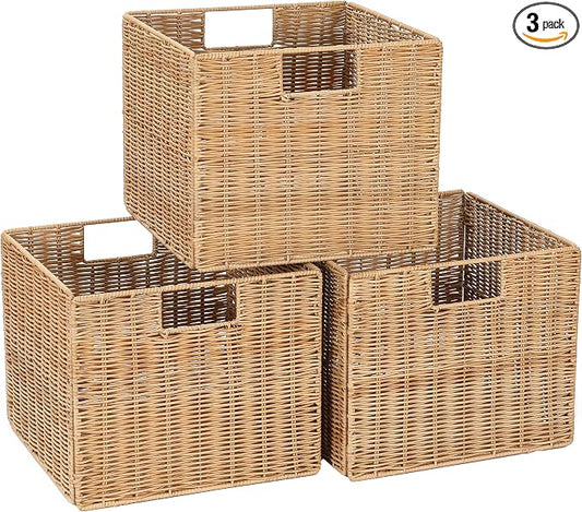 12X12X10in Plastic Wicker Storage Basket, Collapsible Wicker Cube Storage by DINGTAI