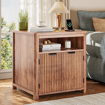 Fluted Nightstand with Charging Stations, 23.6" Wide Walnut Nightstand with - Image 8