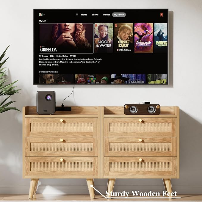 Rattan Night Stand with Charging Station, End Tables with 3 Drawer Dresser - Image 7