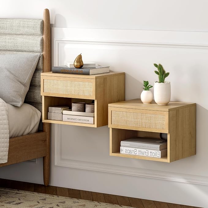 Rattan Floating Nightstands Set of 2, Wall Mounted End Table by MoomJiee