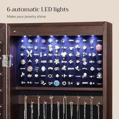 SONGMICS 6 LEDs Mirror Jewelry Cabinet, 47.2-Inch Tall Lockable Wall or Door - Image 4