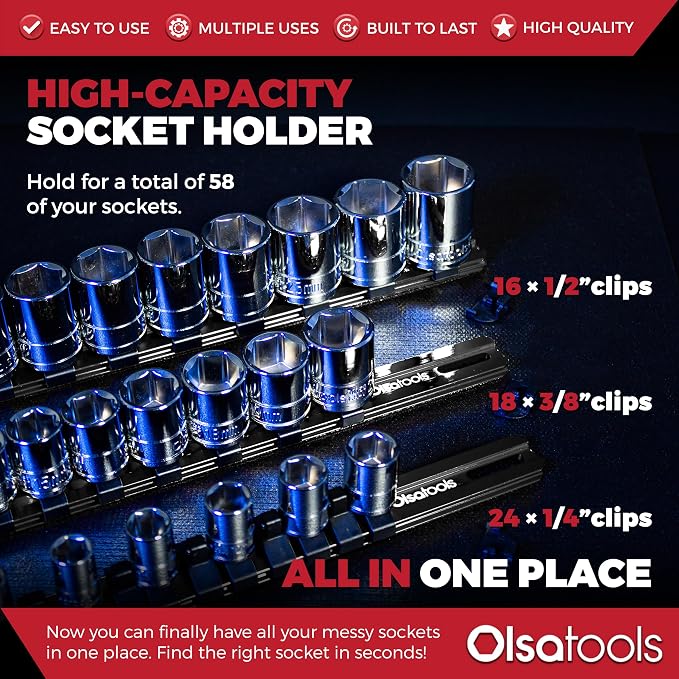 Olsa Tools Aluminum Socket Organizer, 3/8-Inch Drive x 18 Clips, 1/2-Inch Drive - Image 2