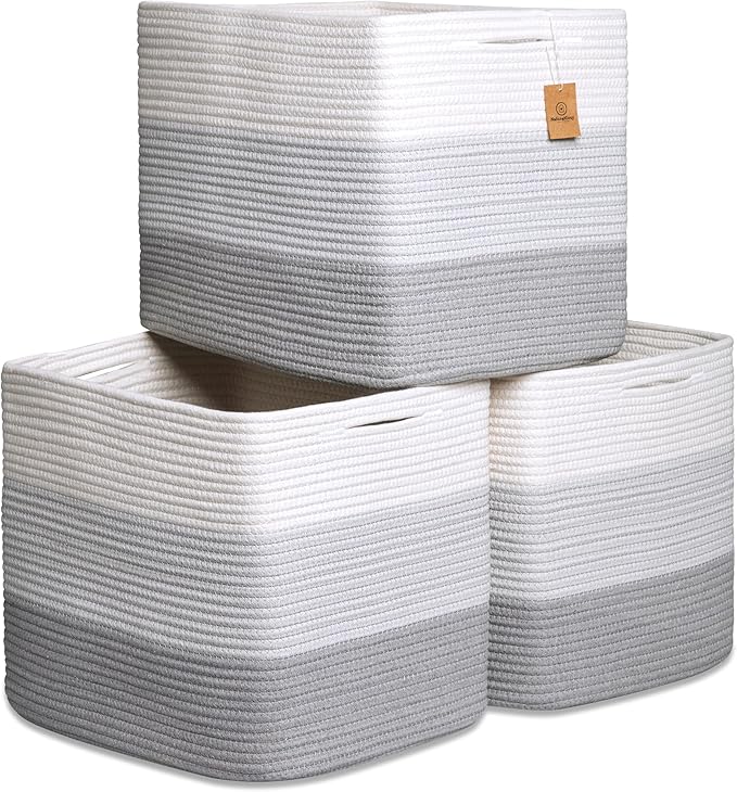 NaturalCozy 13x15x13 Kallax Storage Cubes Bins, 3 Pack | Cotton Rope Cube by NaturalCozy