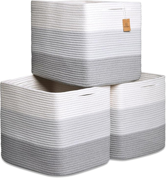 NaturalCozy 13x15x13 Kallax Storage Cubes Bins, 3 Pack | Cotton Rope Cube by NaturalCozy