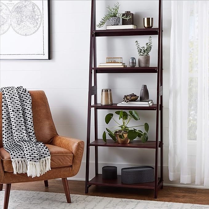 Amazon Basics Ladder Bookshelf Organizer, Solid Rubberwood Frame, Walnut Finish - Image 2
