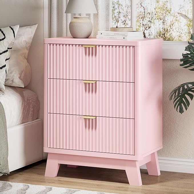 Fluted Nightstand with 3 Storage Drawers, Mid Century Modern Wooden Side Table by Xixini