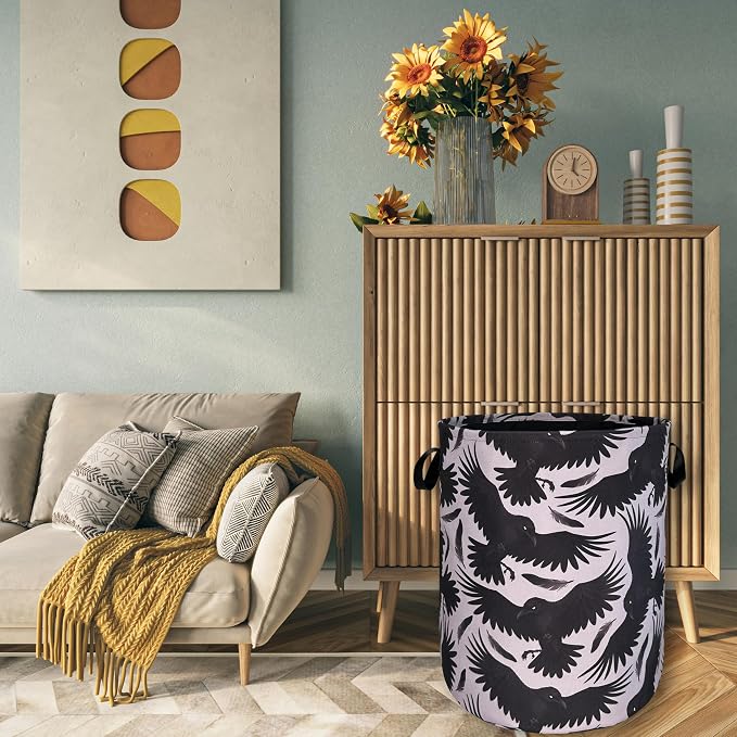Black Birds With Feathers Laundry Hamper With Handles Foldable Oxford Cloth - Image 7