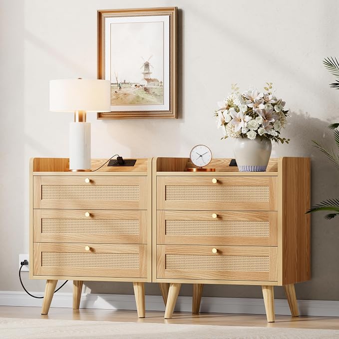 Rattan Night Stand with Charging Station, End Tables with 3 Drawer Dresser - Image 5