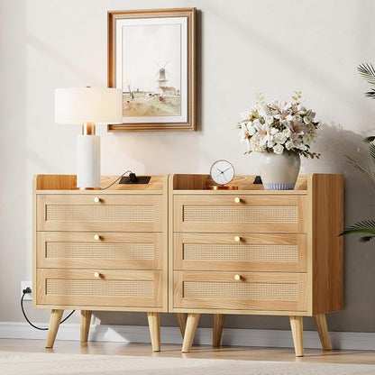 Rattan Night Stand with Charging Station, End Tables with 3 Drawer Dresser - Image 5