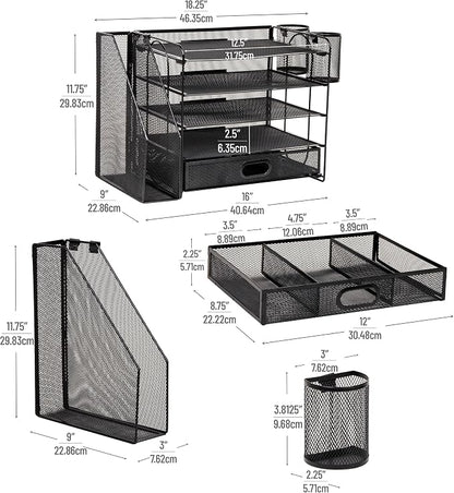 Mind Reader Mesh Desk Organizer, 4 Trays, 1 Drawer, File Holder, 2 Pen Cups - Image 3