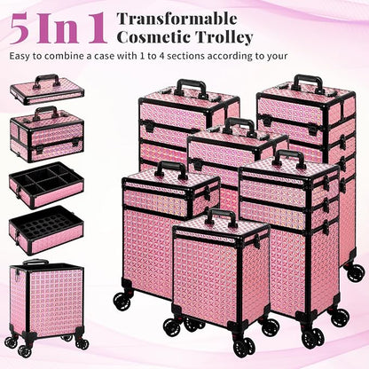 AROUS 5 in 1 Rolling Makeup Train Case Cosmetology Case on Wheels Large - Image 3