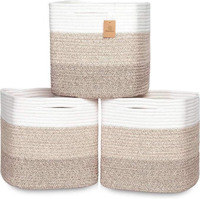 NaturalCozy 13 Inch Cube Storage Bins Cotton Rope Woven Baskets by NaturalCozy