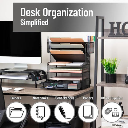 Mind Reader Mesh Desk Organizer, 6 Compartments, 1 Drawer, 2 Pen Cups, Office - Image 2