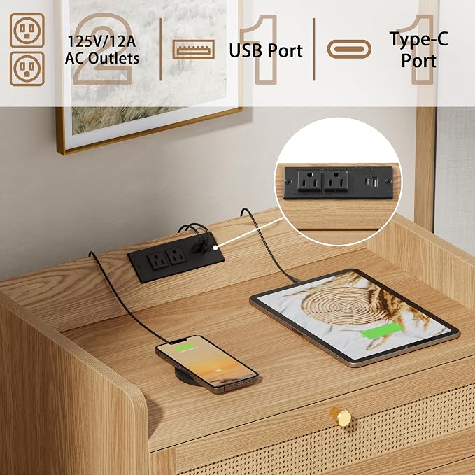 Rattan Night Stand with Charging Station, End Tables with 3 Drawer Dresser - Image 3