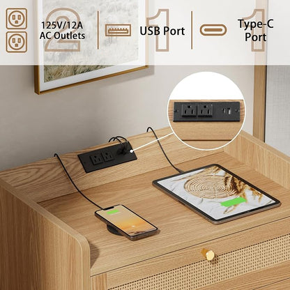 Rattan Night Stand with Charging Station, End Tables with 3 Drawer Dresser - Image 3