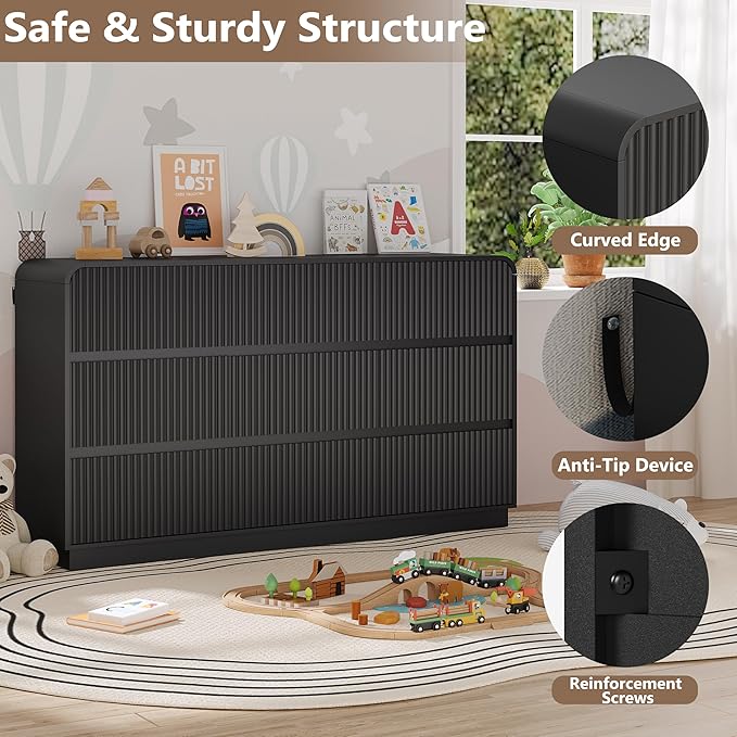 Dresser for Bedroom with 9 Drawers, Fluted Chest of Drawers with Round Curved - Image 4