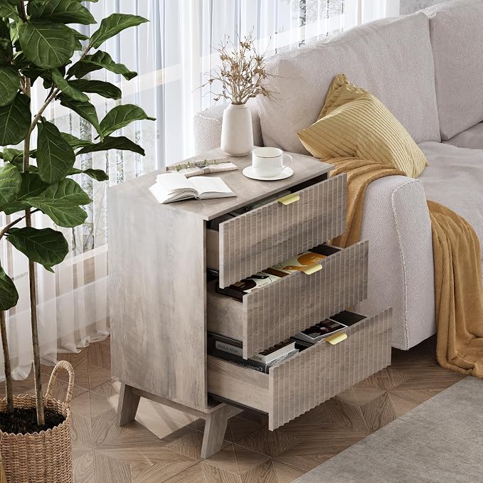 Grey Night Stand with 3 Drawers, Bedside Table & End Table, Farmhouse Night - Image 3