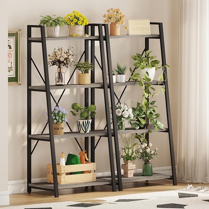 BON AUGURE Ladder Bookshelf, 4 Tier Ladder Shelf Bookcase, Wood Leaning Book - Image 7