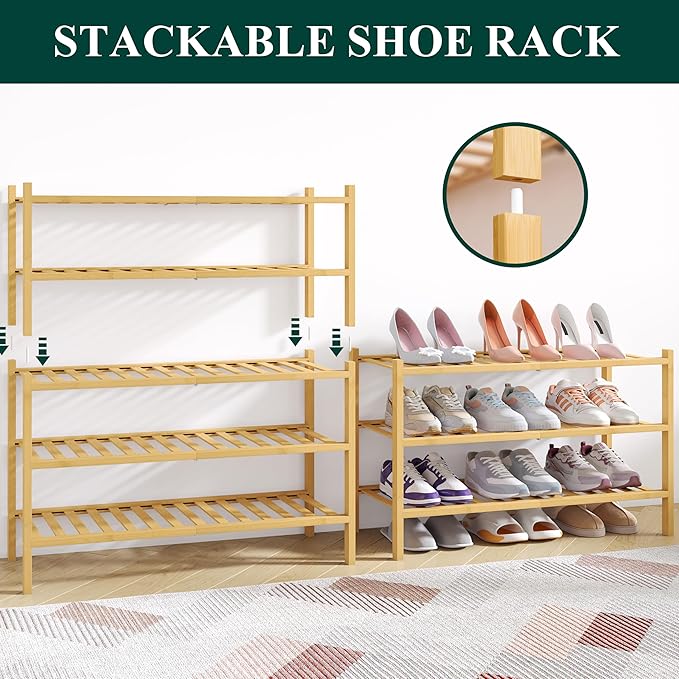 Smiry Bamboo Shoe Rack for Closet, 4 Tier Wooden Stackable Shoe Organizer - Image 4