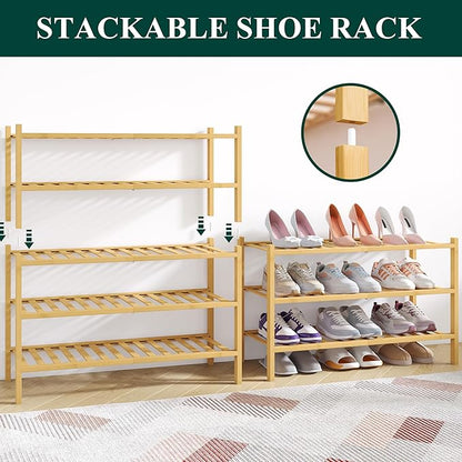 Smiry Bamboo Shoe Rack for Closet, 4 Tier Wooden Stackable Shoe Organizer - Image 4