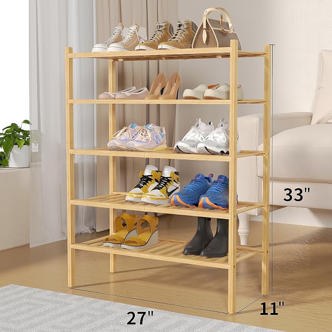 5 Tier Bamboo Shoe Rack for Closet Free Standing Wood Shoe Shelf for Entryway - Image 3