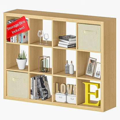 furtble Bookshelf with Storage Bins, 12-Cube Storage Organizer, Modern Wood by furtble