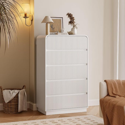 Tall Dresser for Bedroom with 5 Drawers, Fluted Chest of Drawers with Round by BORNOON