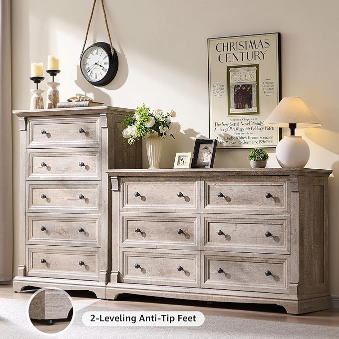 Farmhouse 6 Drawers Dresser for Bedroom, Wooden Dresser TV Stand - Image 3