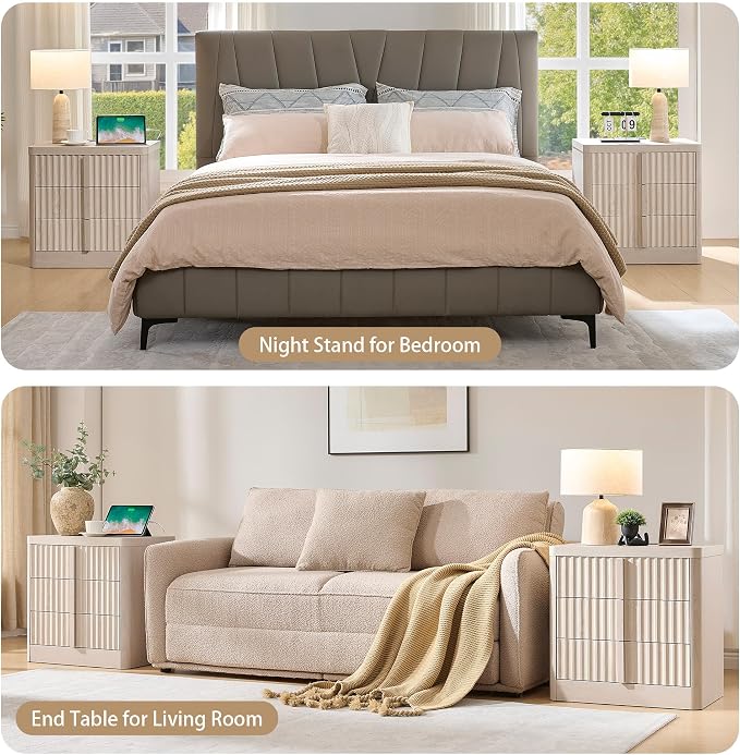 23.6" Nightstand with Charging Station, Side Table with 3 Large Storage Drawers - Image 6
