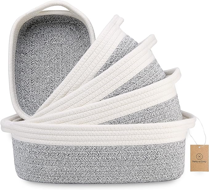 NaturalCozy 5-Piece Rectangle Storage Basket Set- Natural Cotton Rope Woven by NaturalCozy