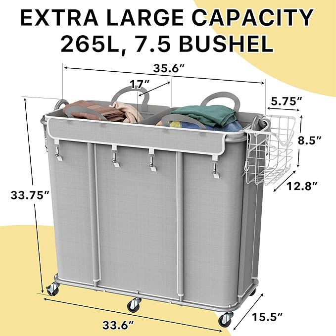Simple Houseware Extra Large 2 Section Rolling Laundry Cart 265 Liter – Heavy - Image 2